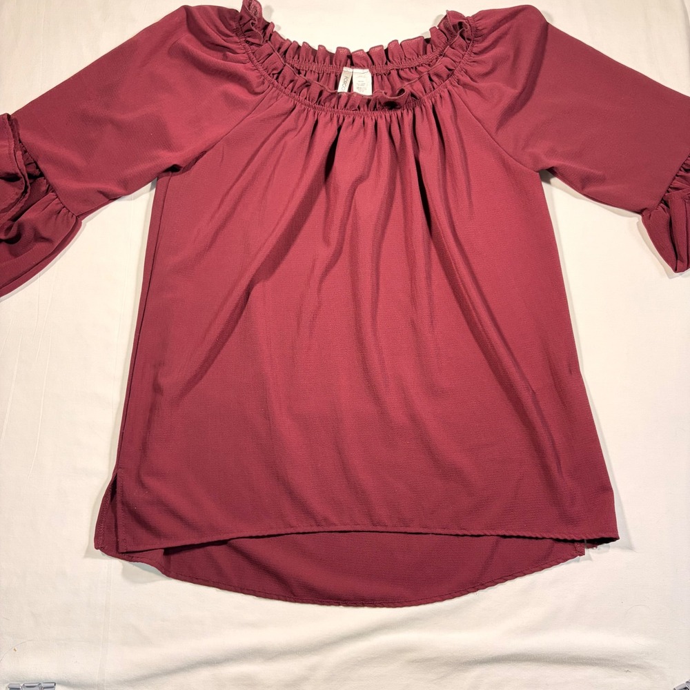 Forgotten Grace‎ Blouse Small Burgundy Ruffle Neck Bell Sleeve Top Wine